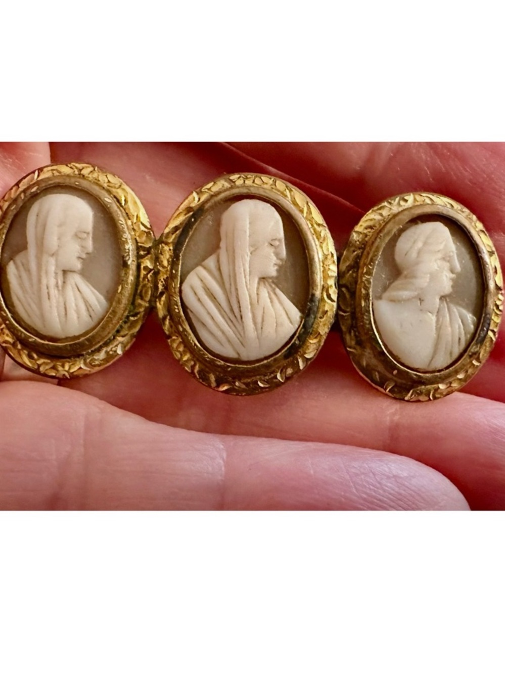 Antique Gold Plated Triple Cameo Brooch, Victorian or Edwardian